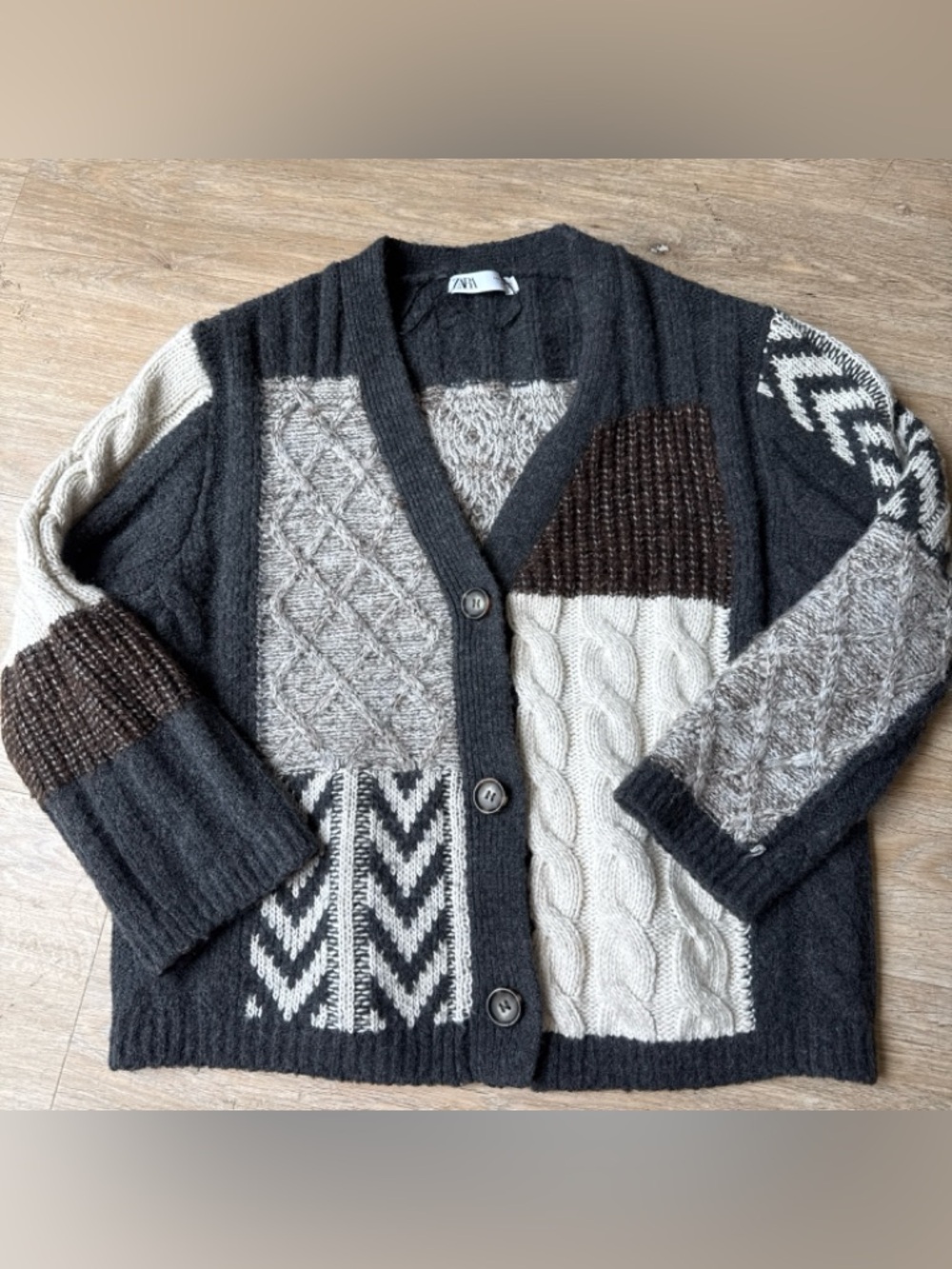 Zara Patchwork Cable-Knit Cardigan - Charcoal, Cream & Brown Small
